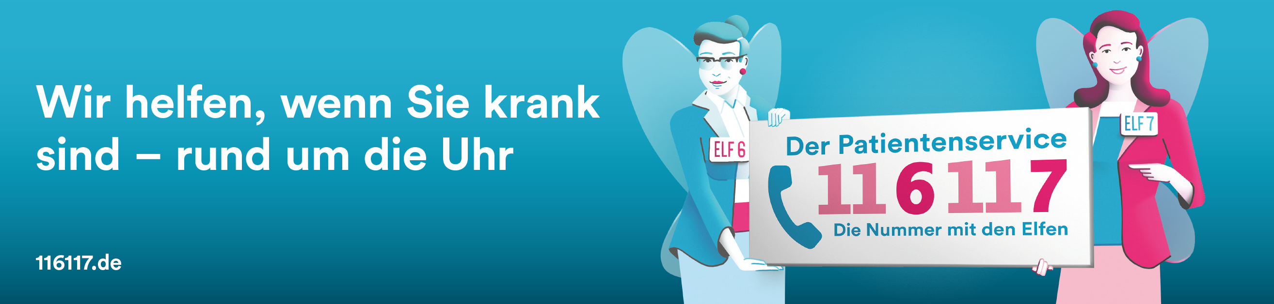 Wir helfen, wenn Sie krank sind - rund um die Uhr. der Patientenservice 116117. Die Nummer mit den Elfen. Externer Link zur Website er 116117