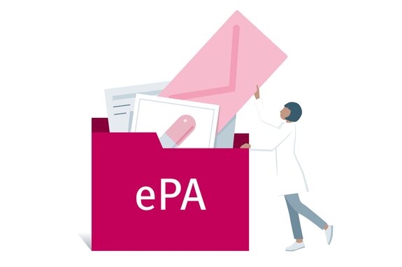 Grafik eines Ordners mit diversen Dokumenten aus dem eine Ärztin einen Briefumschlag zieht.