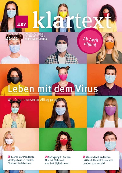 Titelseite KBV-Klartext mit dem Schwerpunktthema "Leben mit dem Virus" zeigt Gesichter mit Mund-Nasen-Schutz