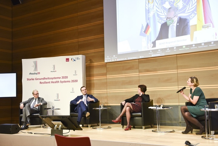 Distinguished panelists in Berlin and via video conference: Jens Spahn, KBV Chairman Dr. Andreas Gassen, the GKV-SV´s Chairwoman of the Board Dr. Doris Pfeiffer, and the Director for Europe of the World Health Organisation Dr. Hans Henri P. Kluge. Photo: 