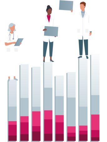 Säulendiagramm. Auf den Säulen stehen mehrere Ärzte.
