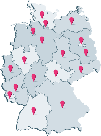 Eine Deutschlandkarte mit siebzehn Pins für die Kassenärztlichen Vereinigungen. 
