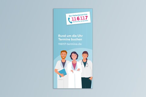 Titelbild Flyer "116117 Rund um die Uhr Termine buchen"