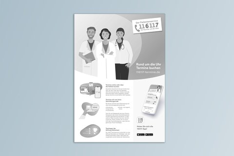 Titelbild Patienteninfo "116117 Rund um die Uhr Termine buchen" schwarzweiß