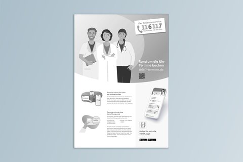 Titelbild Patienteninfo "116117 Rund um die Uhr Termine buchen" schwarzweiß