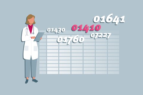 Eine Ärztin mit einem Tablet in der Hand. Rechts daneben mehrere Abrechnungsziffern. Im Hintergrund der Umriss einer Tabelle.
