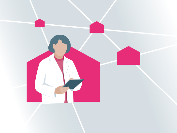 Ärztin mit Tablet in der Hand zum Darstellen des Themas Digitalisierung. Im Hintergrund stilisierte Häuschen, die mit Linien verbunden sind.