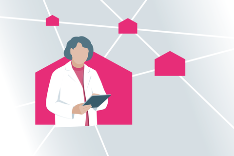 Ärztin mit Tablet in der Hand zum Darstellen des Themas Digitalisierung. Im Hintergrund stilisierte Häuschen, die mit Linien verbunden sind.