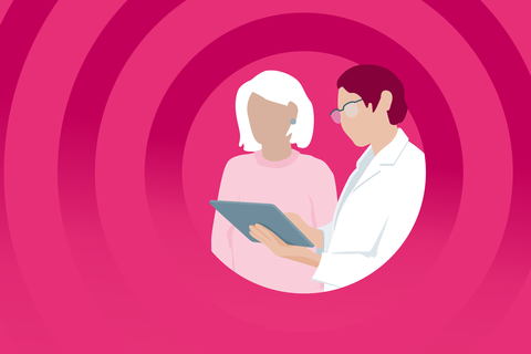 Gezeichneter Arzt zeigt Patientin etwas auf Tablet. Pinkfarbener Hintergrund.