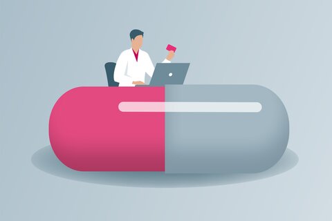Grafik eines Arztes hinter einem Schreibtisch, der aussieht, wie eine überdimensionale Medikamentenkapsel